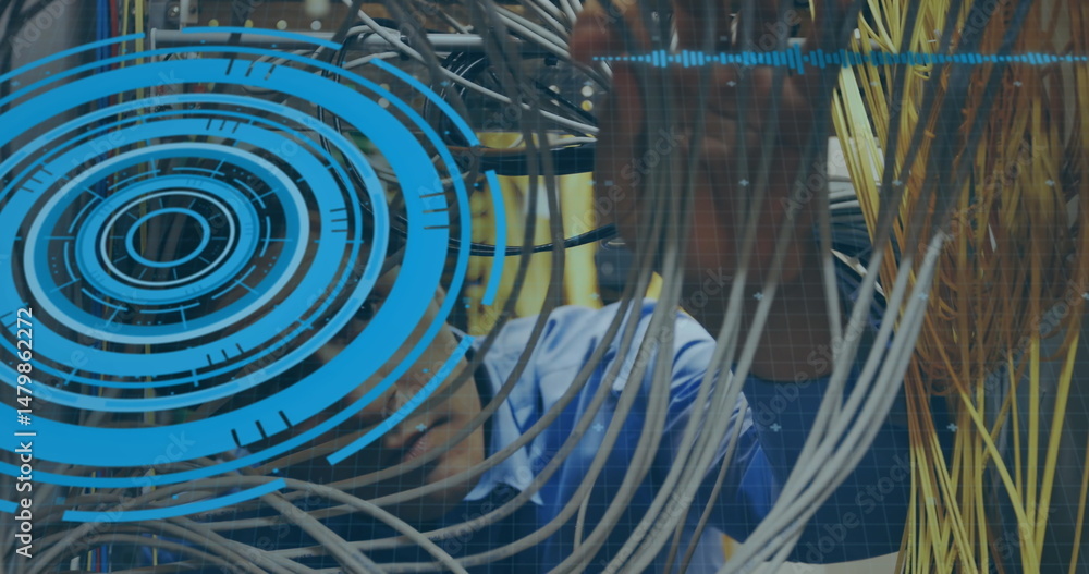 Poster image of processing circle and data over caucasian man checking servers