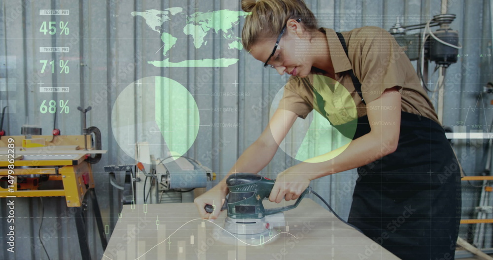 Poster image of world map and data processing over caucasian female carpenter working in workshop