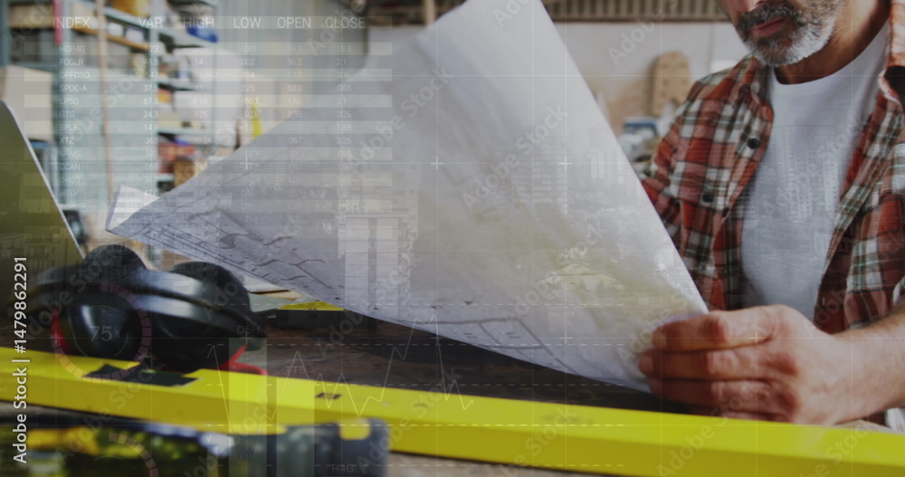 Poster image of world map and data processing over caucasian male carpenter working in workshop