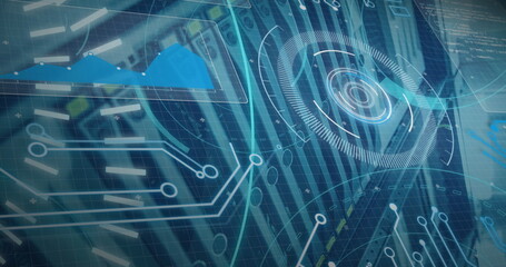 Image of processing circle and 5g over computer wires