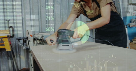 Image of world map and data processing over caucasian female carpenter working in workshop