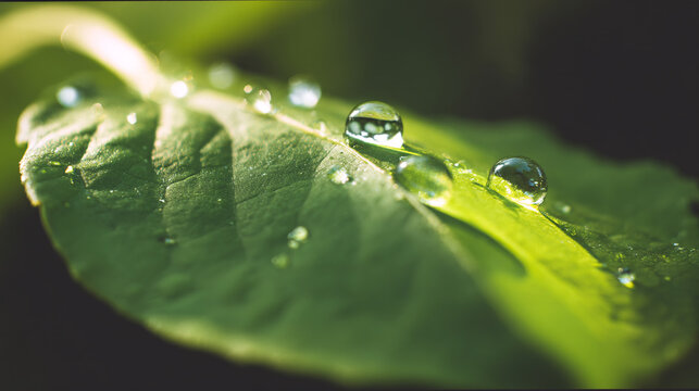 Macro photography of water droplets on green leaf nature background dew freshness beauty