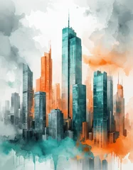Tableau sur plexiglas Aquarelle gratte-ciel Watercolor painting of a bustling city with modern skyscrapers  © Pasha