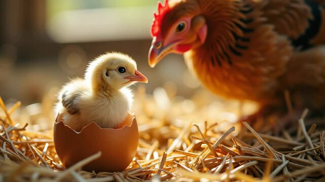 Newborn chick hatching from egg watched by mother hen in rustic hay nest on bright sunny day 4K, motion, funny animals, symbol of spring, life and motherhood in farm setting