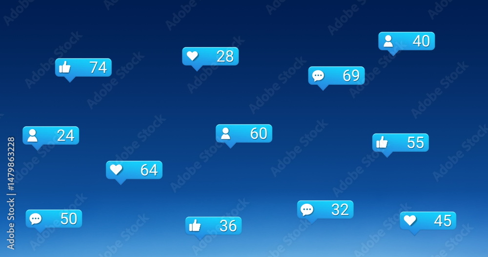 Aufkleber multiple speech bubble with digital icons and increasing numbers against blue background