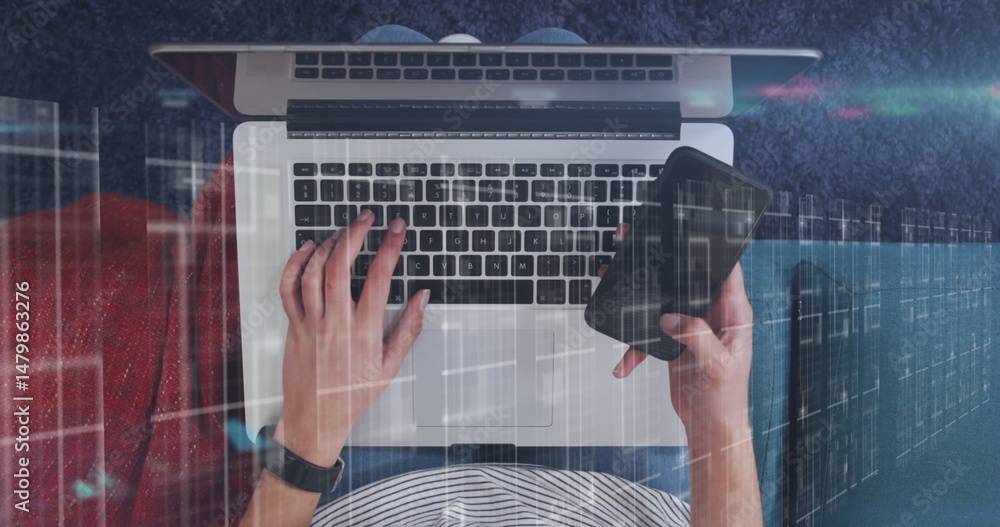 Poster image of data processing over businessman using tablet