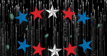 Image of stars and rugby balls with ireland text over data processing on black background