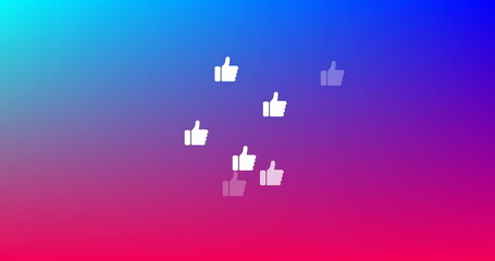 Obraz premium Multiple thumbs up icons floating against blue and purple gradient background