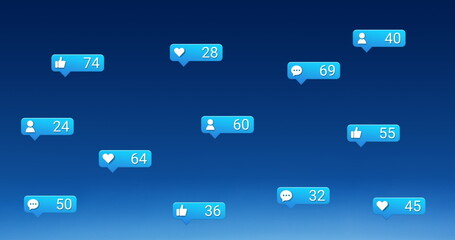 Multiple speech bubble with digital icons and increasing numbers against blue background
