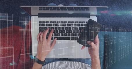 Image of data processing over businessman using tablet