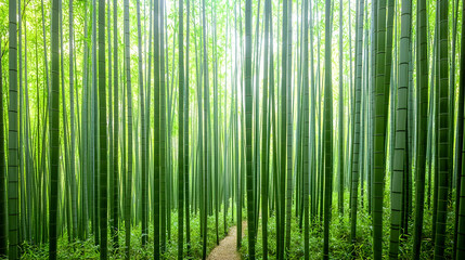 Fototapeta premium Dense Bamboo Forest Pathway With Sunlight