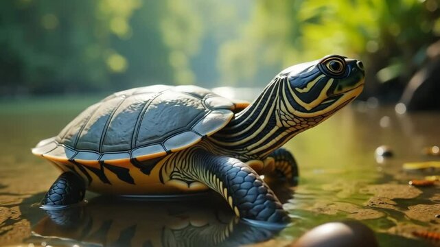 Curious freshwater turtle with colorful shell resting on forest riverbank in soft sunlight 4K, motion, funny animals, peaceful wild animal nature moment near calm water