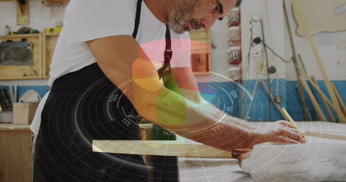 Image of circular scanner data processing over caucasian male carpenter working in workshop
