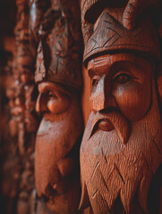 Wooden viking carvings detailed craftsmanship norse mythology art historical artifact