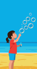 Fototapeta premium Child blowing soap bubbles on beach with blue sky and ocean background vector illustration 