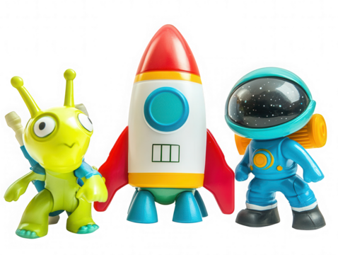 Toy Astronaut Alien and Rocket Ship Figures for Space Exploration on transparent background