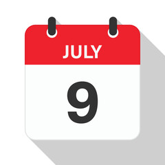 July 9 Daily Calendar. Red Theme on White Background