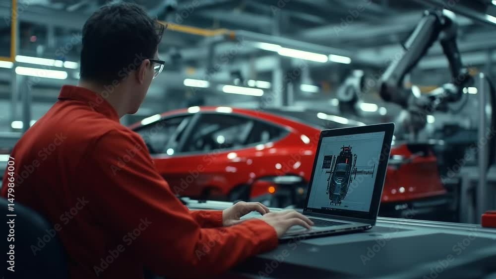 Aufkleber engineer sits at a workstation, using a laptop to monitor robotic arms assembling a car on the autom