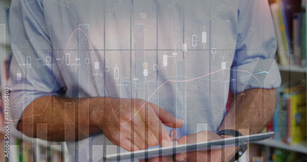 Poster image of statistics and financial data processing over delivery man