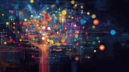 Obraz premium Vibrant abstract tree illustration with colorful lights and circuit-like branches