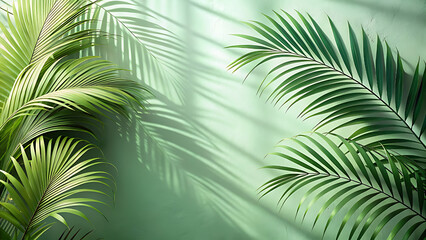 Fototapeta premium Lush green palm leaves and shadows against a pastel green wall background