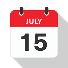 July 15 Daily Calendar. Red Theme on White Background
