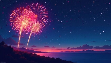 Vibrant fireworks bursting in the night sky, colorful explosions, vector illustration , graphic design, night, jubilant
