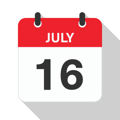 July 16 Daily Calendar. Red Theme on White Background