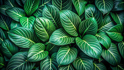 Lush green tropical leaves overlapping forming a natural background texture and decorative pattern