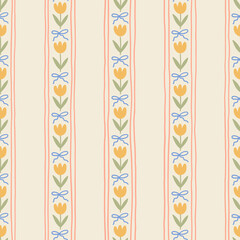 Regency striped seamless floral pattern with bows and tulips. Hand drawn print in a cute, pastel, vintage coquette aesthetic, perfect for fabric, wallpaper, wrapping and romantic cottage core designs.