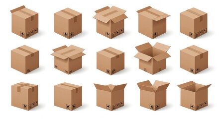 Various Cardboard Boxes: Closed, Opened and Semi-Open Packages for Shipping
