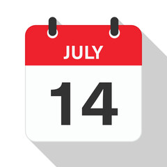 July 14 Daily Calendar. Red Theme on White Background