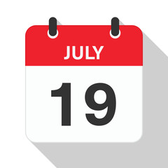July 19 Daily Calendar. Red Theme on White Background