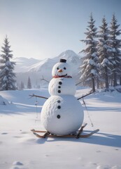 Obraz premium Lonely snowman in snowy field, skis & sled nearby, vast, snowdrift, snow