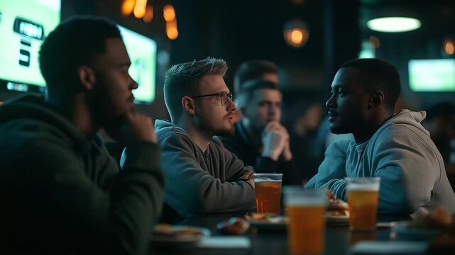 Group of men sit at a high-top table in a dimly lit sports bar, engrossed in the football game on TV, with snacks, drinks, and animated discussion about the match
