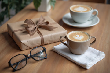 cup of coffee next to a gift box and a pair of glasses