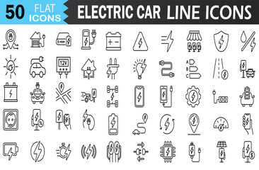 Electric car line icons collection include icons for Charging, Battery, Sustainability, Technology, and More. Vector Design for Web and Print