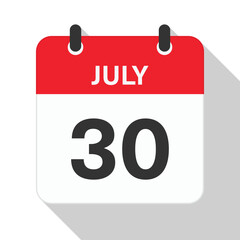 July 30 Daily Calendar. Red Theme on White Background