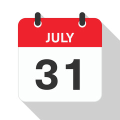 July 31 Daily Calendar. Red Theme on White Background