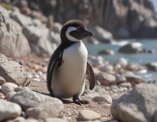 Fototapeta premium Humboldt penguin chick amongst rocks near the ocean, young, bird