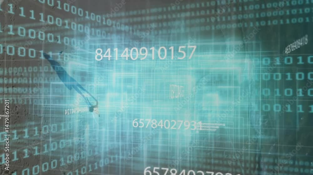 Aufkleber human silhouette diving into tech data grid, showcasing floating large numbers and binary streams
