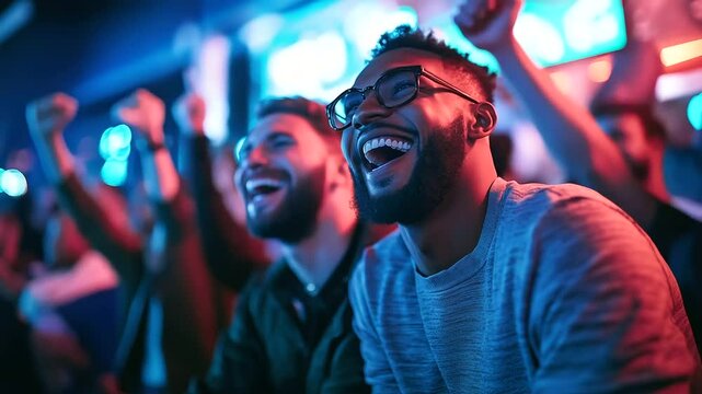 Lively sports bar atmosphere at night, group of guys laugh and cheer as their favorite football team scores, surrounded by neon lights and cheers from other fans