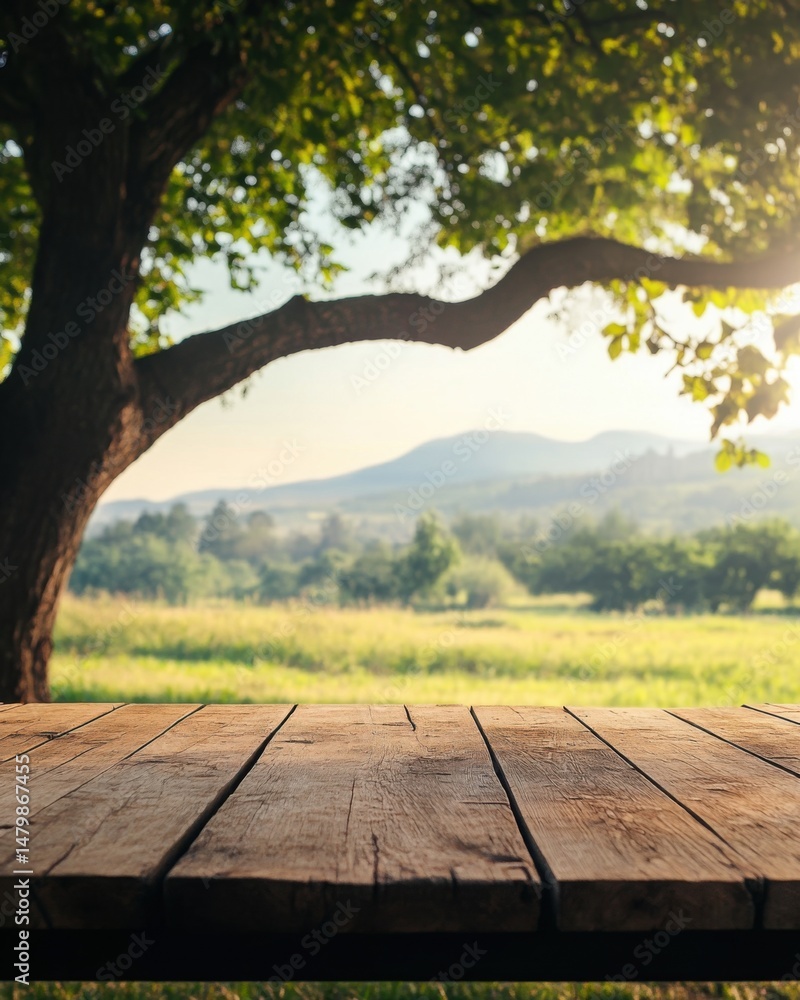 Aufkleber rustic wooden table in sunny field with tree and mountain view nature background scene
