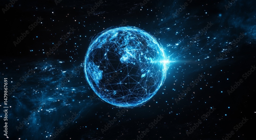 Poster the cyber world is a technological concept where a digital global network, futuristic data sphere, a