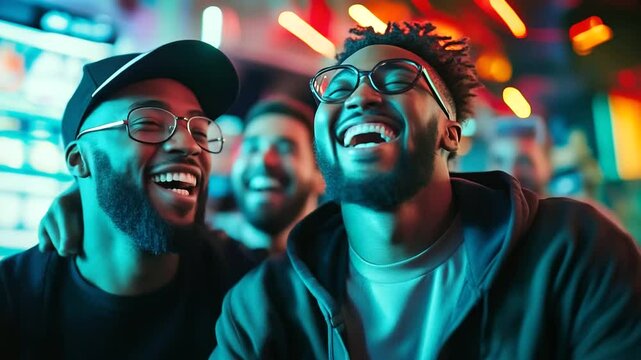 Men at a sports bar laughing and shouting at the TV, celebrating their football team's victory together, with the colorful neon bar lights adding a festive glow to the scene