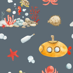 Watercolor Ocean Seamless Pattern with Cute Sea Animals, Submarine, Corals, Shells and Sea Stars – Marine Kids Background, Underwater Watercolor Illustration. 