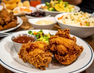 Delicious southern comfort food spread with fried chicken and traditional sides.