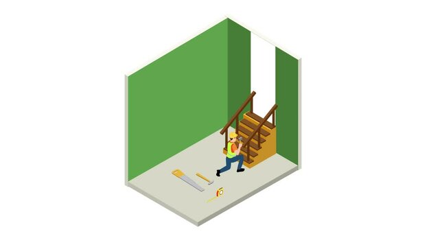 carpenter constructing a wooden staircase 3d animation cartoon