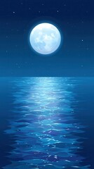 A bright full moon reflects over a calm, blue ocean under a starry night sky.
