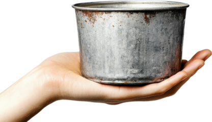 Hand Holding a Rusty Metal Bowl